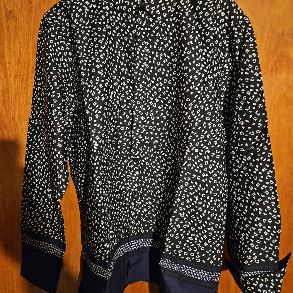 INC International Concepts Blacķ and White Print w/ Navy Trim MENS Shirt Size L